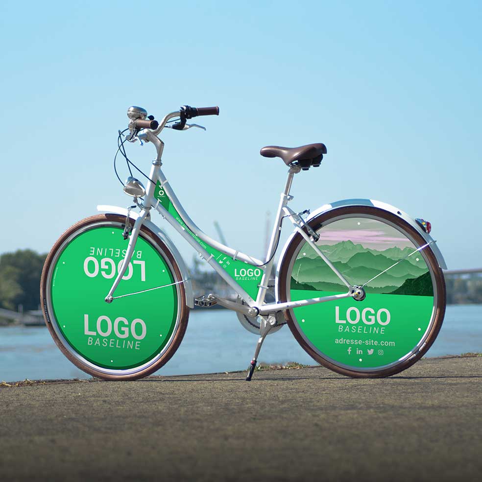 Vélo Publicitaire Coffee Mixte Ecovelo habillage XXL. Un habillage complet pour ce vélo de ville avec des roues lenticulaires adaptées
