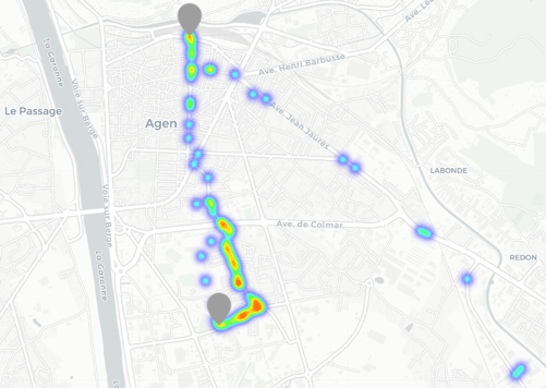 carte montrant les axes les plus fréquenté avec les Tempo vélo dans la ville d'Agen